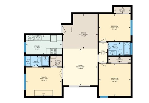 Floor plan for 3 beds, 2 baths, 1100 sqft